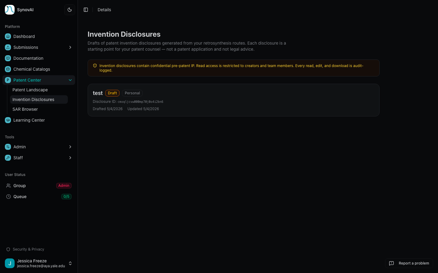 Invention Disclosures page with draft list and status badges