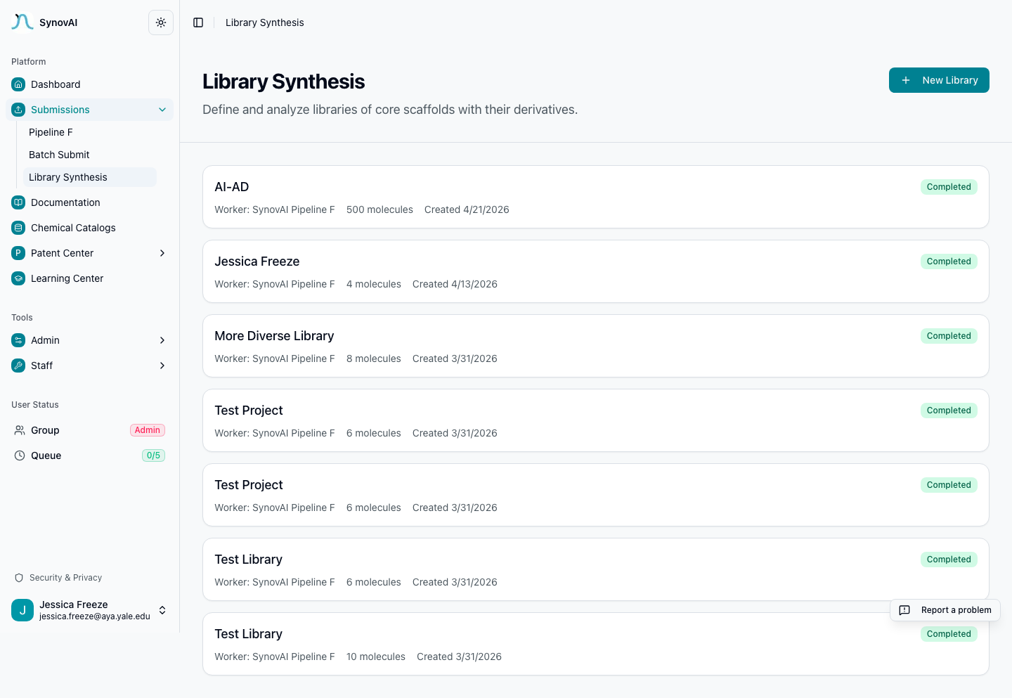 Library Synthesis triages a virtual-hit list by route feasibility.