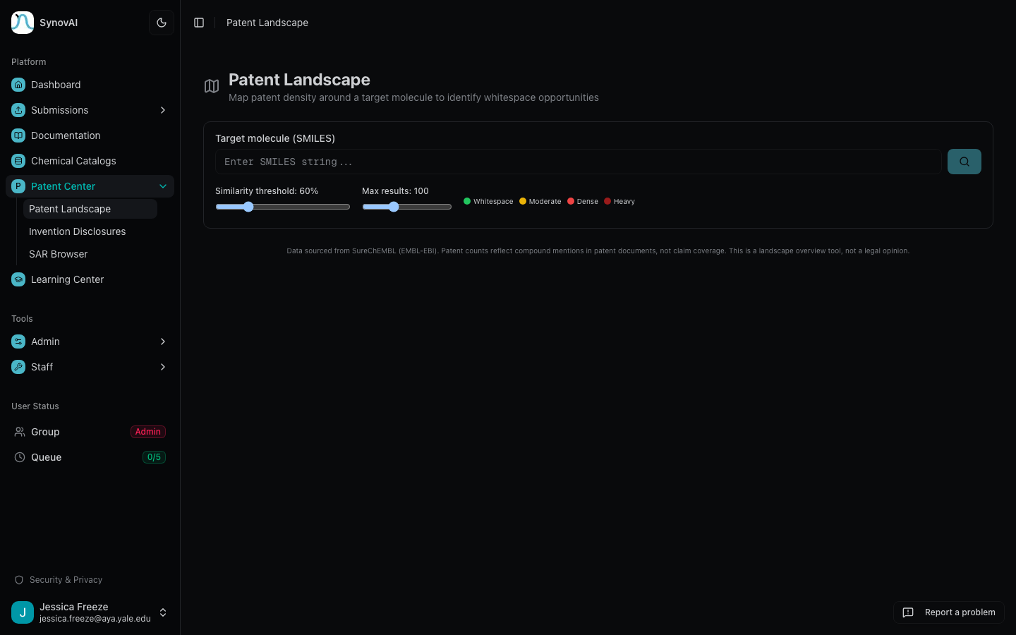 Patent Landscape page with whitespace, sparse, moderate, and dense buckets