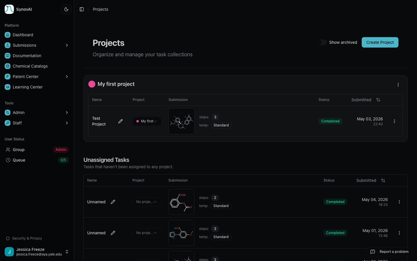 Projects management page showing project cards and unassigned tasks