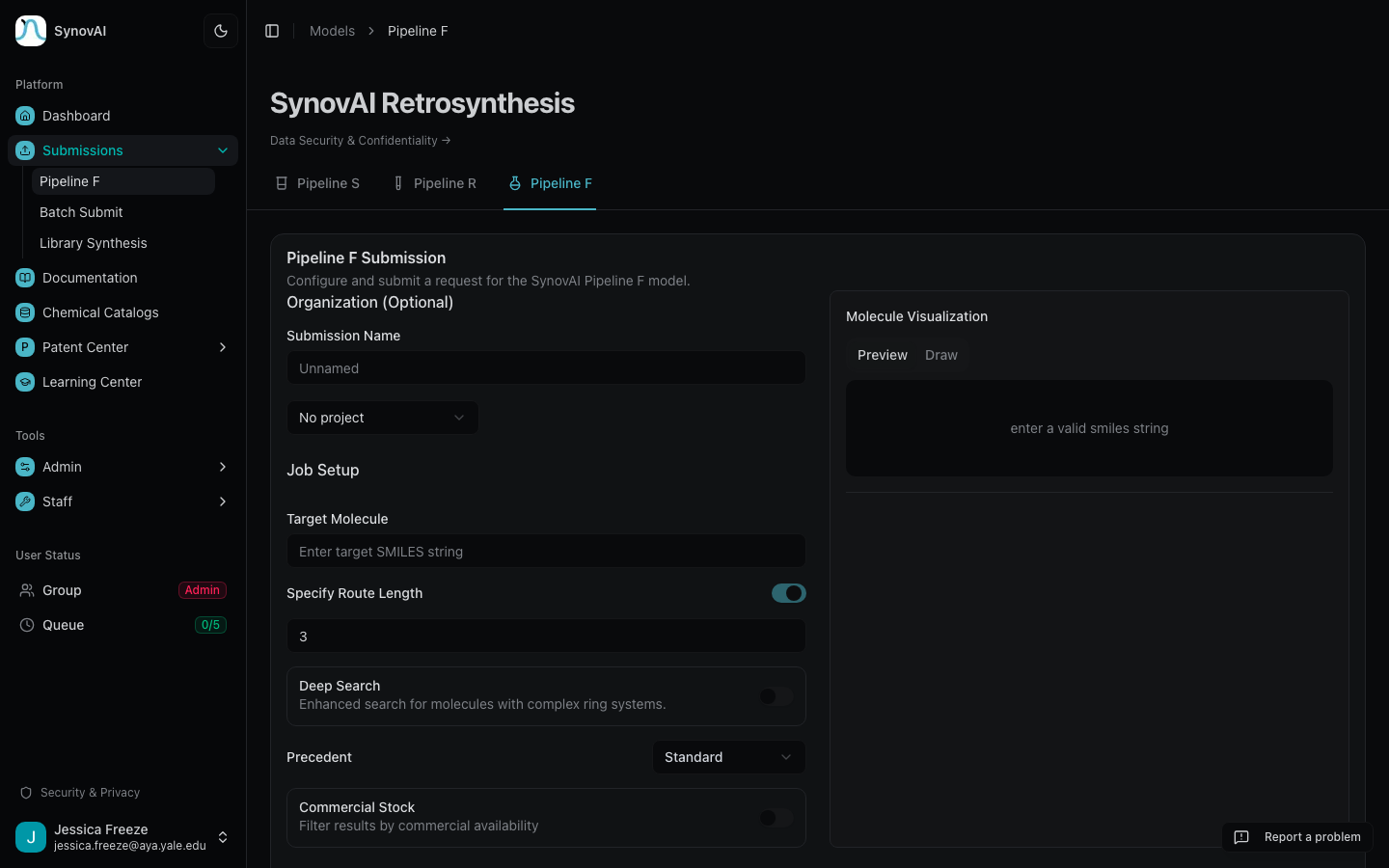Submission form with SMILES input and the Ketcher Draw tab.