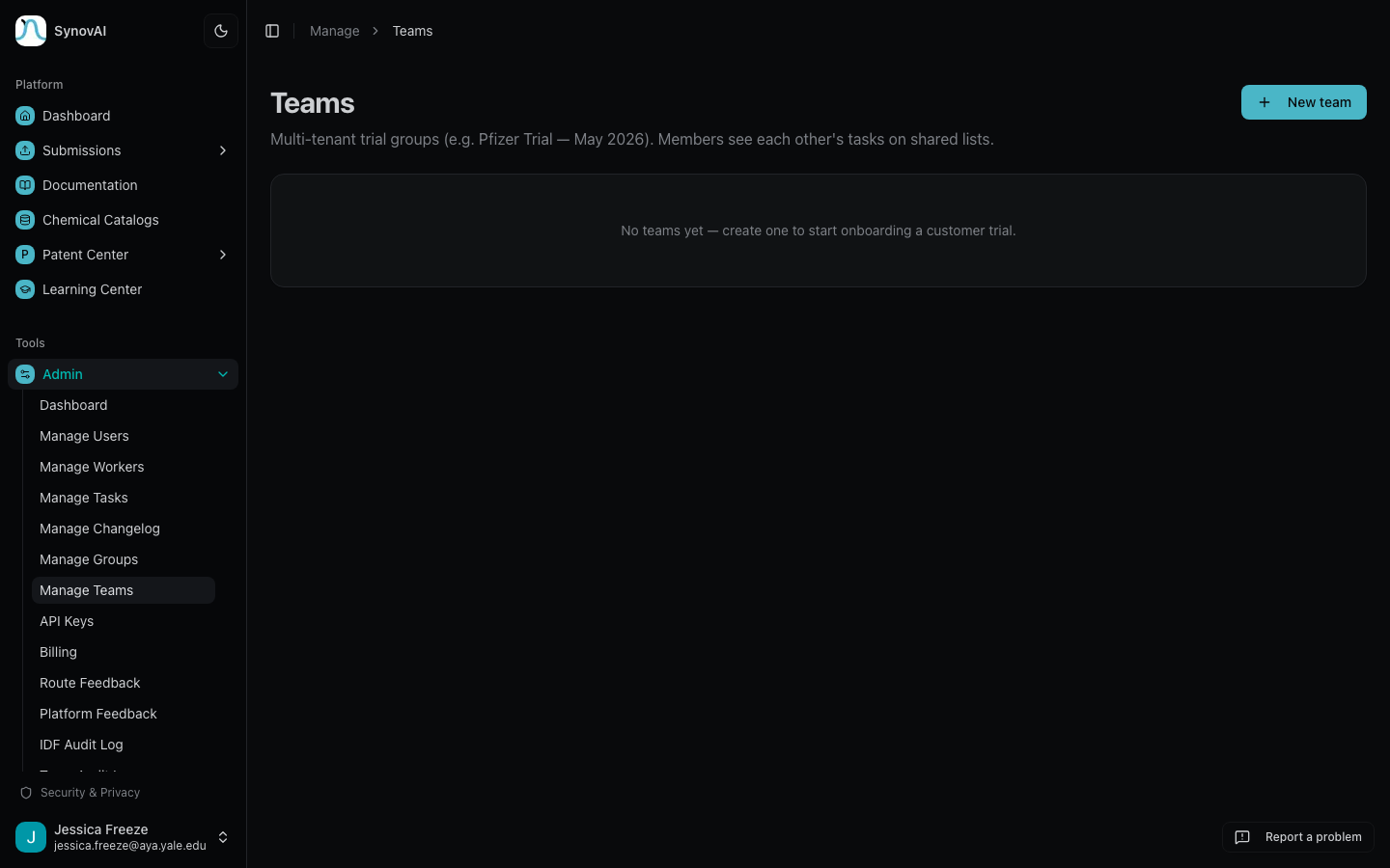 Team management page with member roster and trial controls